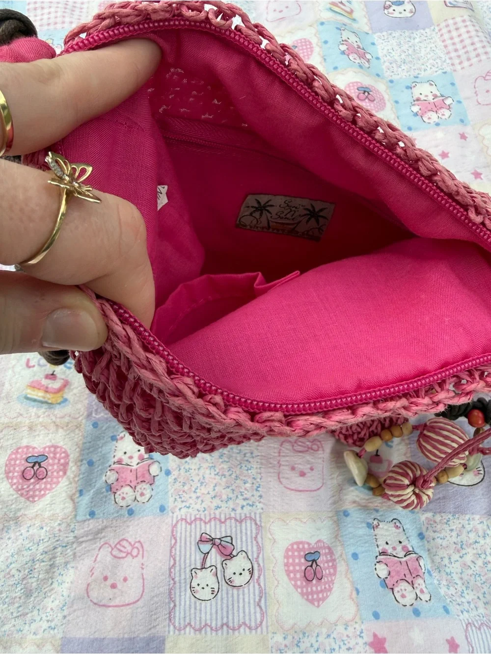 Sun ‘N’ Sand Pink Crochet Crossbody Bag with Beaded Strap